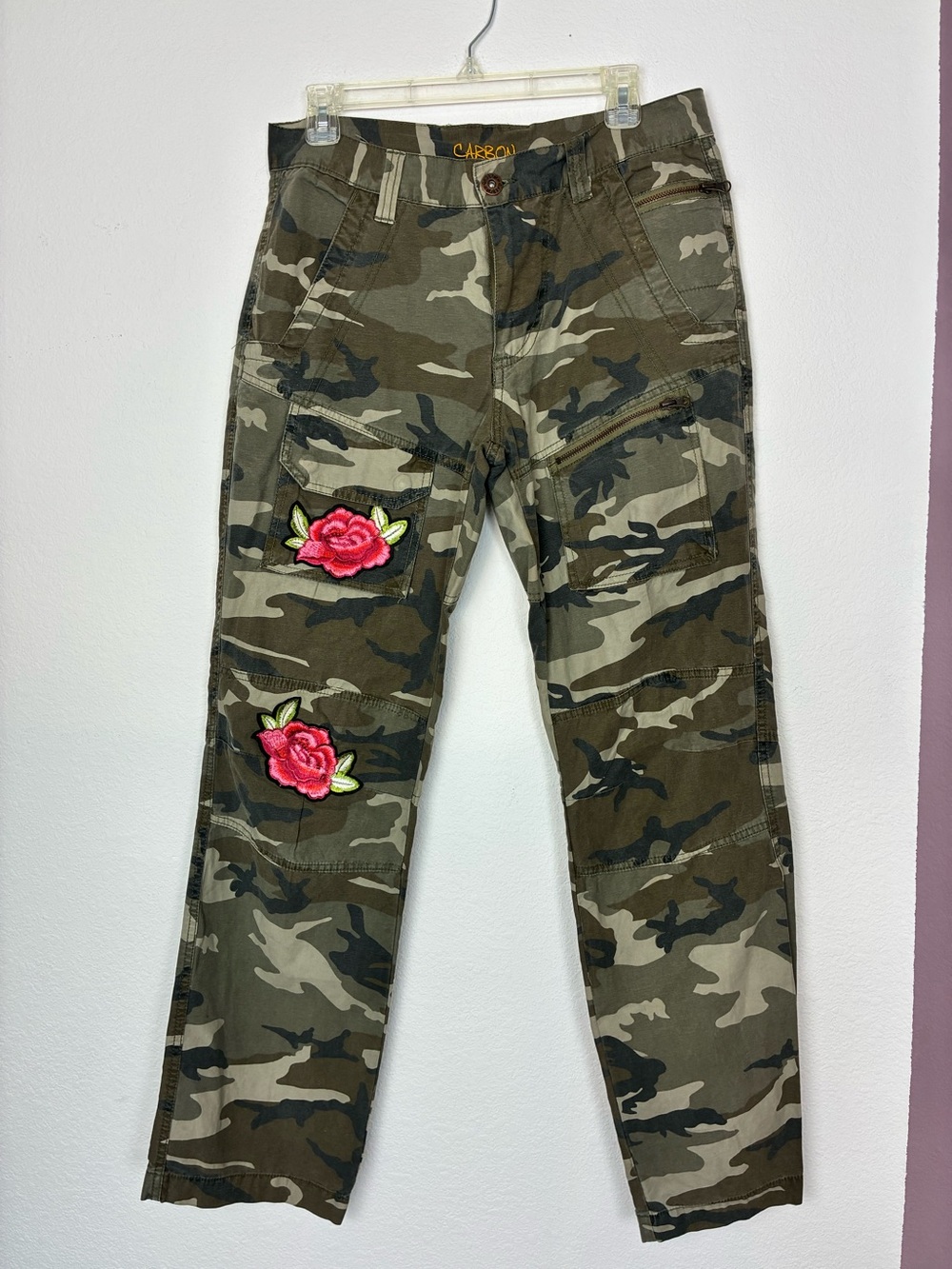 Carbon Camo Cargo Pants with Rose Patches & Zipper/ Snap pockets